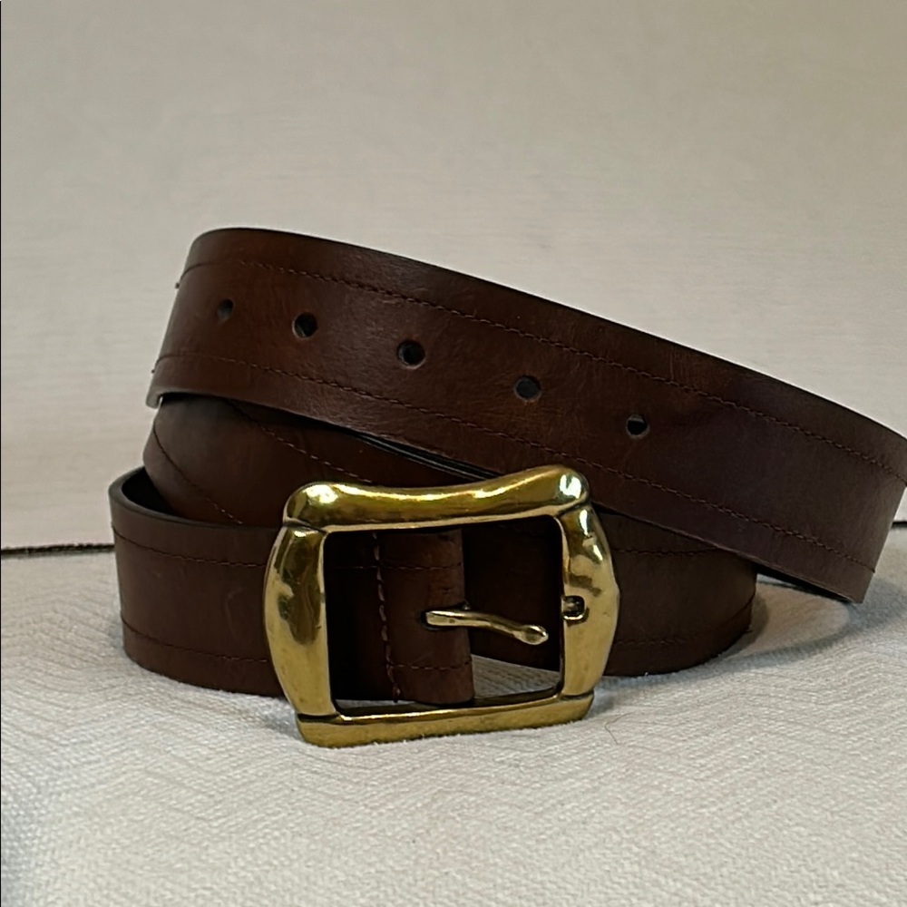 Brown 1 1/2” Italian Leather Belt with Gold Buckle, Size XL, 45” long